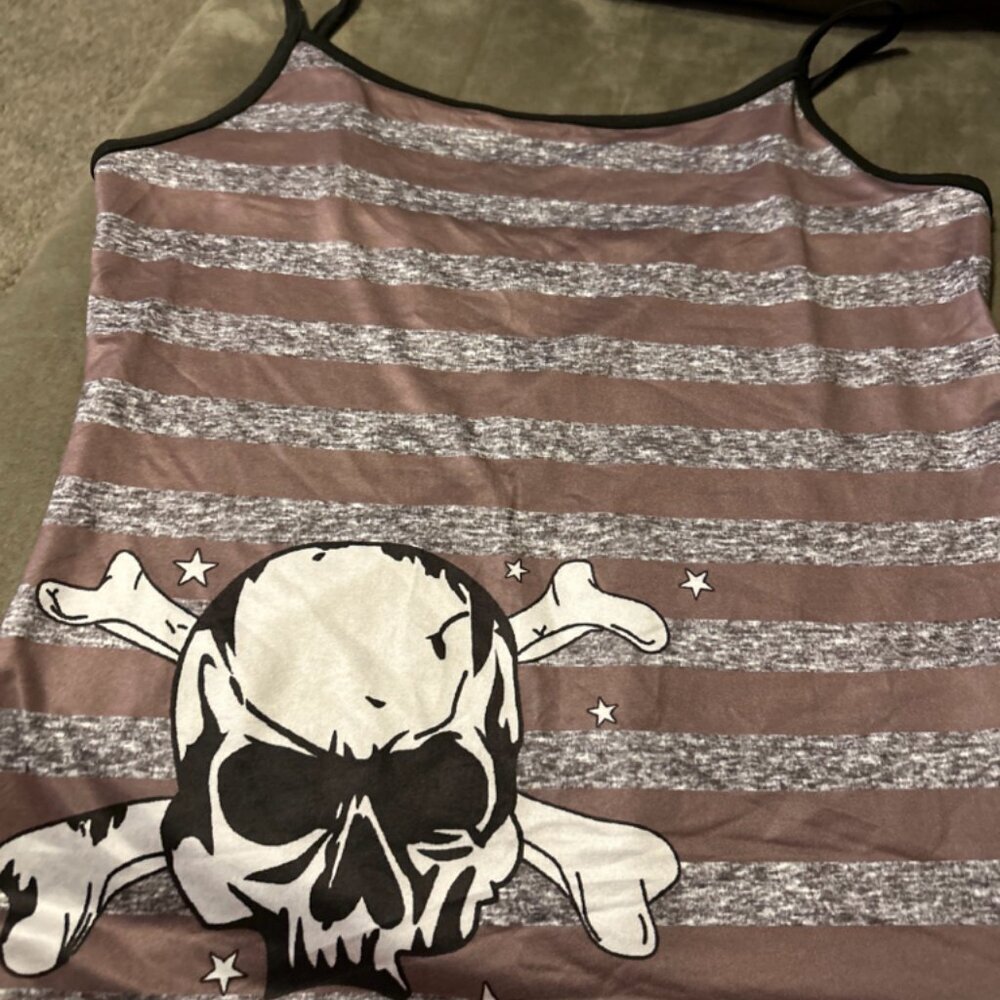 Skull & Bones Brownish Striped Skull Camisole Top Goth Emo Biker Style L or M